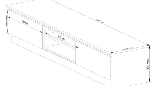Rysunek techniczny szafki RTV. Wymiary: 1604x400x334 mm. Wysokość szafki RTV to 334 mm.