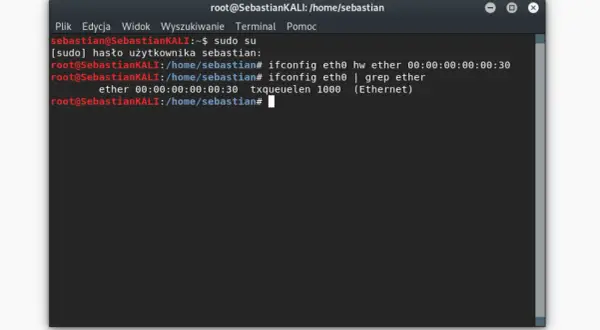 Terminal pokazuje, jak sprawdzić adres MAC karty sieciowej eth0. Komenda `ifconfig eth0 | grep ether` wyświetla adres MAC.
