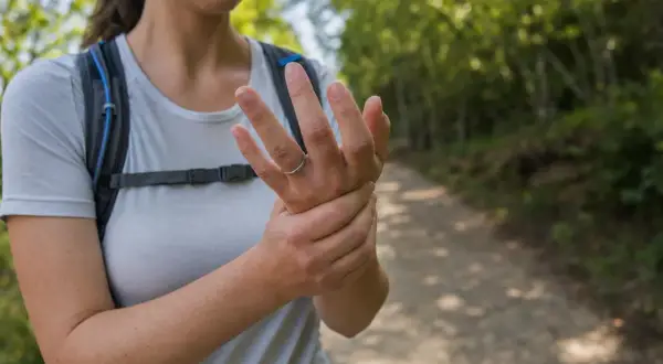 Donna con mani gonfie dopo camminata nel bosco, si tiene il polso.