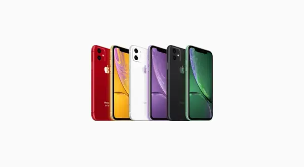 Rząd kolorowych iPhone'ów XR, od czerwonego po zielony. Zastanawiasz się, iphone xr do kiedy wsparcie?