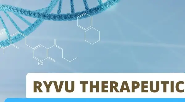 Niebieska struktura DNA i wzory chemiczne. Napis: RYVU THERAPEUTIC. Czy inwestorzy kupują obietnicę?