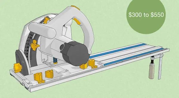 A circular saw with a track system, capable of cutting tile, priced between $300 and $550.