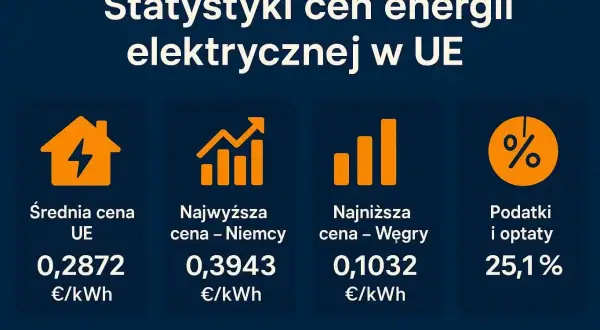 Statystyki cen energii elektrycznej w UE: średnia cena, najwyższa w Niemczech, najniższa na Węgrzech, podatki i opłaty.
