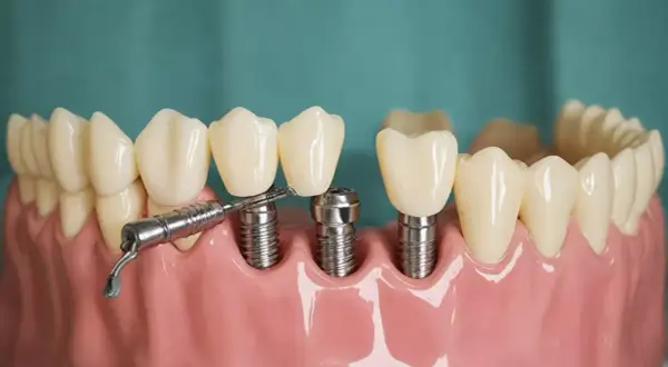 Model szczęki z implantami zębów i narzędziem. Sprawdź nasz cennik implantów zębów.