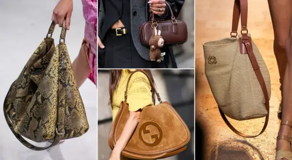 Kolekcja modnych torebek 2026: skórzana wężowa, brązowa shopperka z brelokiem, zamszowa shopperka z logo i pleciona torba na ramię.