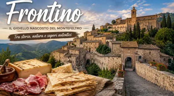 Borgo medievale di Frontino, gioiello nascosto del Montefeltro, con vista su colline verdi e un banchetto di salumi, formaggi e piadine.