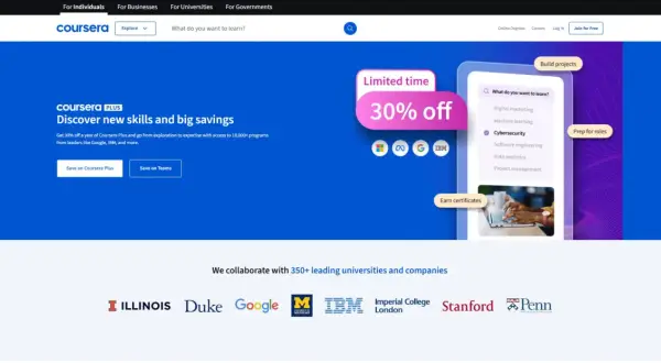 Odkryj nowe umiejętności na Coursera z 30% zniżką na Coursera Plus. Ucz się od liderów takich jak Google i IBM.