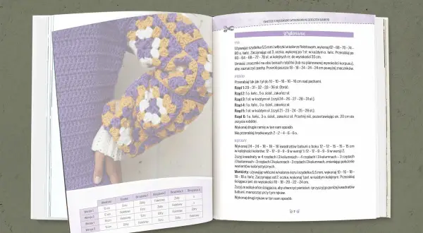 Najlepsza książka o szydełkowaniu: instrukcja wykonania swetra w stylu babuni, z kolorowymi kwadratami i rękawami.