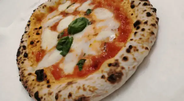 Une authentique pizza napolitaine, avec sa croûte gonflée et légèrement brûlée, garnie de sauce tomate, de mozzarella fondante et de feuilles de basilic frais.