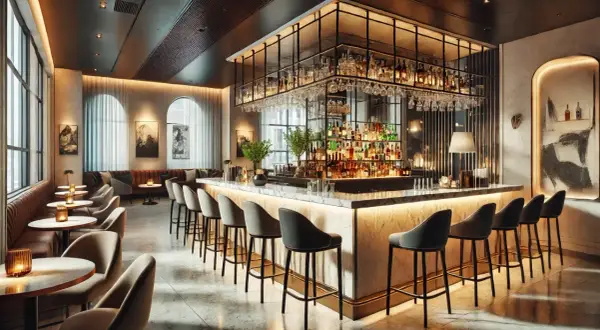 Elegante arredamento ristorante moderno con bancone bar illuminato, sgabelli in pelle e tavolini accoglienti.