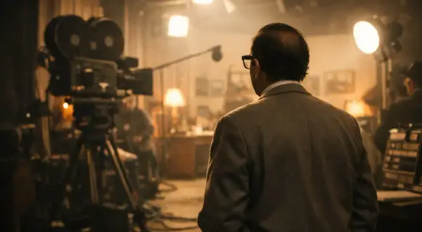Gigi Reder, con occhiali e giacca, osserva un set cinematografico con cinepresa d'epoca e luci soffuse.