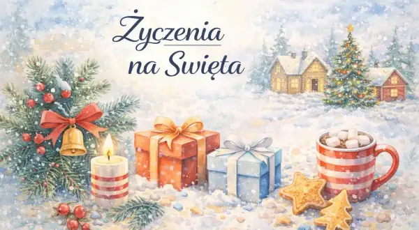 Wesołych Świąt Bożego Narodzenia! Śnieżny krajobraz z choinką, prezentami, świecą i kubkiem gorącej czekolady.