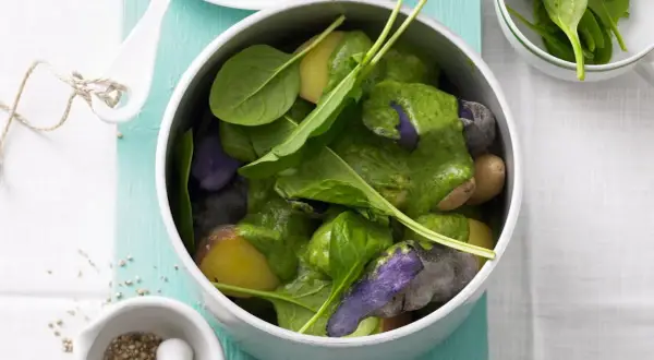Bunter Kartoffelsalat mit frischem Spinat und einer grünen Soße, inspiriert von Sauerampfer-Rezepten.