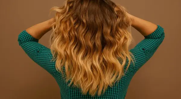 Chevelure blonde aux reflets cuivrés, formant une douce mini vague cheveux.