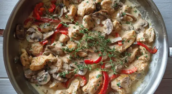 En krämig pepper chicken-panna med saftiga kycklingbitar, champinjoner och röd paprika, toppad med färsk timjan.