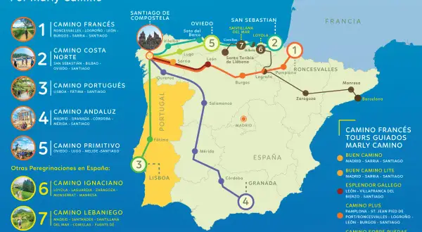 Mapa muestra 7 caminos principales y otras peregrinaciones. ¿Cuántos caminos de Santiago hay? El mapa detalla 7 rutas principales.