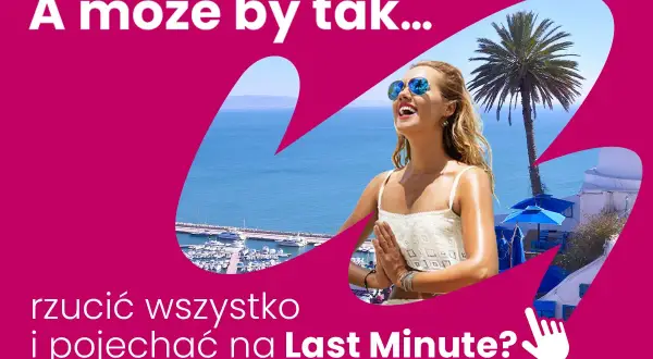 Kobieta w okularach przeciwsłonecznych z rękami złożonymi do modlitwy, na tle morza i portu. "A może by tak rzucić wszystko i pojechać na Last Minute?" - idealna okazja na super last minute Egipt.
