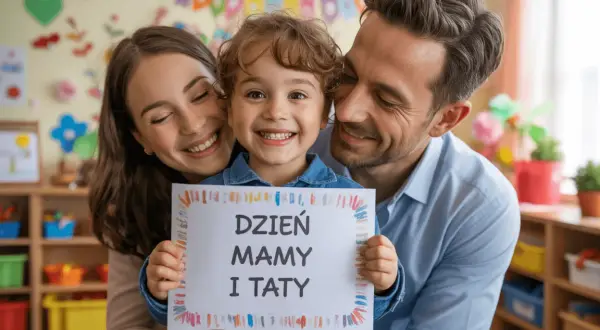 Uśmiechnięta rodzina świętuje Dzień Mamy i Taty. Dziecko trzyma kartkę z napisem "DZIEN MAMY I TATY".