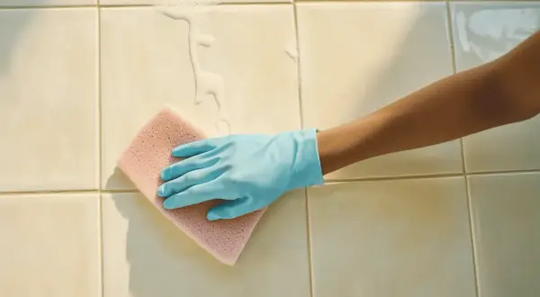 Main tenant, une main gantée de bleu frotte le carrelage de la salle de bain avec une éponge rose, faisant mousser le produit nettoyant.