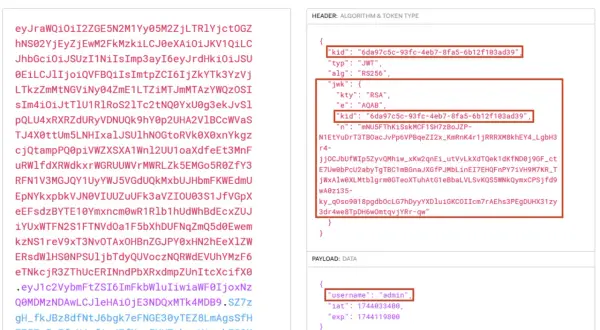 Un jeton JWT décodé montre un en-tête avec des informations sur l'algorithme et le type de jeton, ainsi qu'une charge utile contenant des données utilisateur.