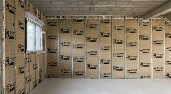 Intérieur d'une maison en construction, murs recouverts d'isolant pour limiter la déperdition chaleur maison. Fenêtre avec volet roulant.