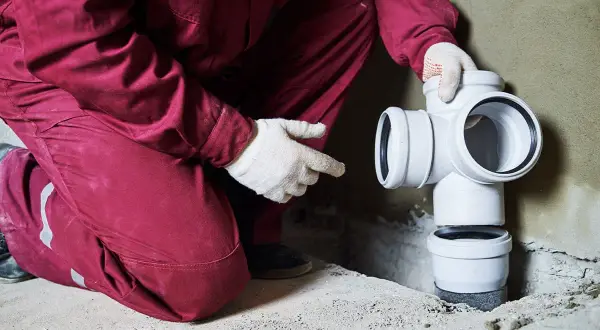 Instalator w czerwonym kombinezonie montuje białe rury kanalizacyjne. To kluczowy etap instalacji, który zapewni prawidłowe odprowadzanie popłuczyn ze zmiękczacza wody.