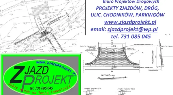 Projekt zjazdu z drogi powiatowej z widokiem na inwestycję. Firma Zjazdprojekt oferuje projekty zjazdów, dróg, ulic, chodników i parkingów.