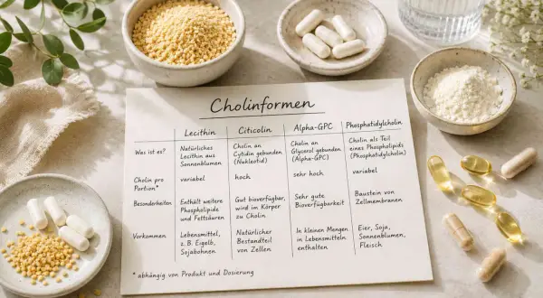 Cholinformen-Tabelle zeigt die Wirkung von Phosphatidylcholin als Baustein von Zellmembranen.