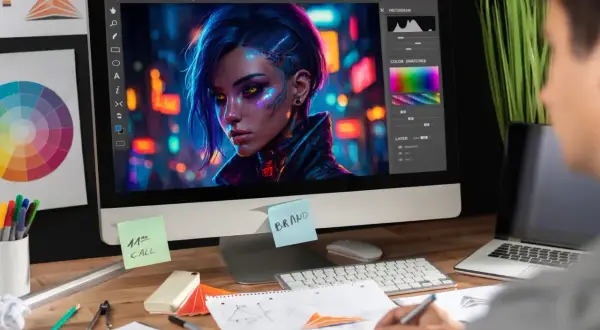 Grafik komputerowy uczy się, jak przerobić zdjęcie, edytując portret cybernetycznej kobiety na monitorze.