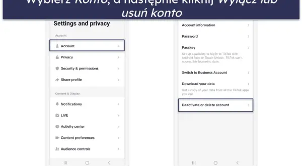 Instrukcja jak usunąć konto na TikToku: wybierz "Konto", a następnie "Deactivate or delete account".
