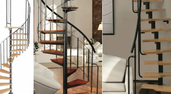 Nowoczesne schody kręcone z drewnianymi stopniami i metalową balustradą, idealne do adaptacji poddasza.