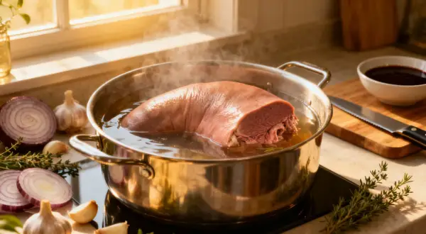 Une langue de bœuf mijote dans une casserole, prête pour une recette savoureuse. Oignons, ail et herbes aromatiques sont disposés autour.