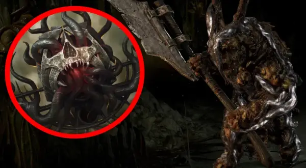Potwór z toporem, z czaszką i mackami w okręgu. Czy to **diablo 4 najlepsza klasa**?