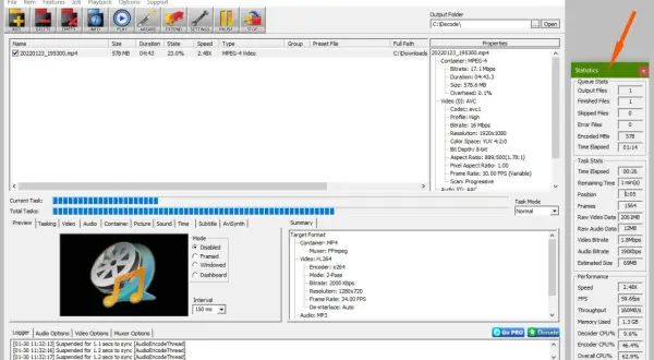 Program MediaCoder pokazuje, jak zmniejszyć rozmiar filmu. Plik 578 MB jest przetwarzany, aby uzyskać mniejszy rozmiar.