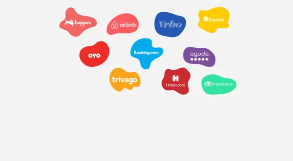 Logotypy platform rezerwacji: Hopper, Airbnb, Vrbo, Expedia, OYO, Booking.com, Agoda, Trivago, Hotels.com, TripAdvisor. Idealne dla każdego channel manager.