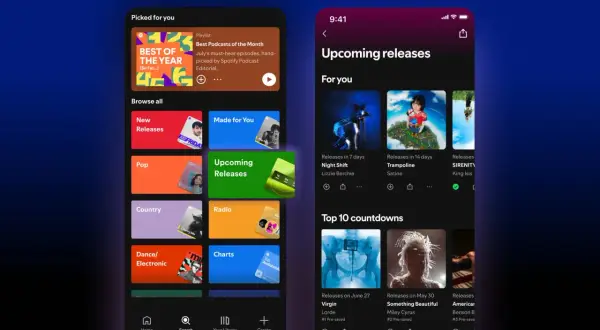 Spotify app showing "Upcoming releases" with options to "how to presave on Spotify" for new music.