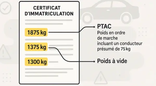 Extrait du certificat d'immatriculation : PTAC (poids en ordre de marche) 1875 kg, poids à vide 1300 kg. Le poids carte grise est essentiel.