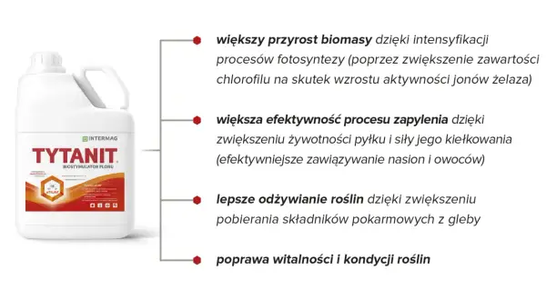 Butelka biostymulatora plonu TYTANIT. Zwiększa przyrost biomasy, efektywność zapylenia, odżywianie roślin i poprawia ich kondycję.