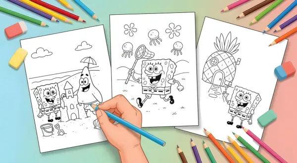 Páginas de personajes de Bob Esponja para colorear: Bob Esponja y Patricio construyen castillos de arena, Bob Esponja caza medusas y Bob Esponja saluda desde su piña.
