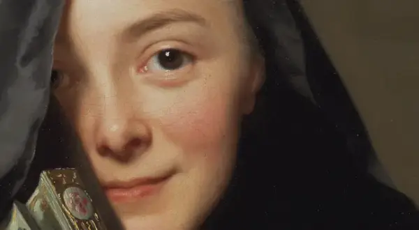 En målning av Sofia Magdalena med en svart slöja och en utsmyckad fläkt.