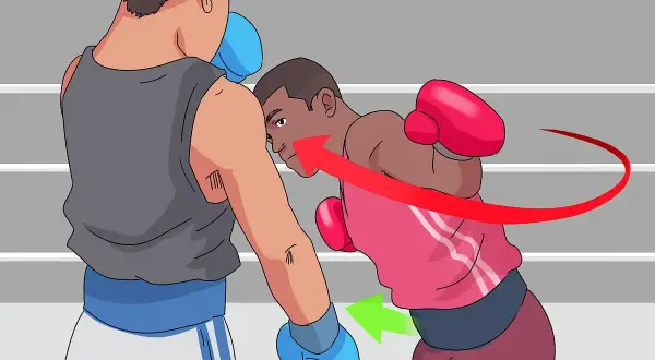 Boxer in red throws a powerful hook punch, aiming for his opponent's head. The red arrow shows the arc of the throw.