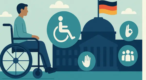 Mann im Rollstuhl vor einem Gebäude mit deutscher Flagge. Symbole für Barrierefreiheit und Gemeinschaft stehen für die Rechte **behinderter in Deutschland**.