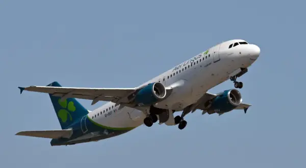 Samolot Aer Lingus z zieloną koniczynką na ogonie wznosi się na błękitne niebo.