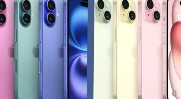 Rząd kolorowych iPhone'ów, od różowego po niebieski, zastanawiasz się: iPhone 15 czy 16?