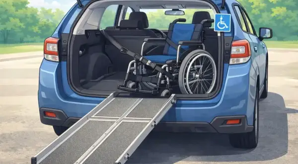 Rampa estesa per caricare una carrozzina in un'auto, pronta per un ragazzo disabile.