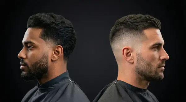 Deux hommes, deux styles de coupe homme nom. L'un avec une barbe fournie et des cheveux texturés, l'autre avec un dégradé net et une barbe courte.