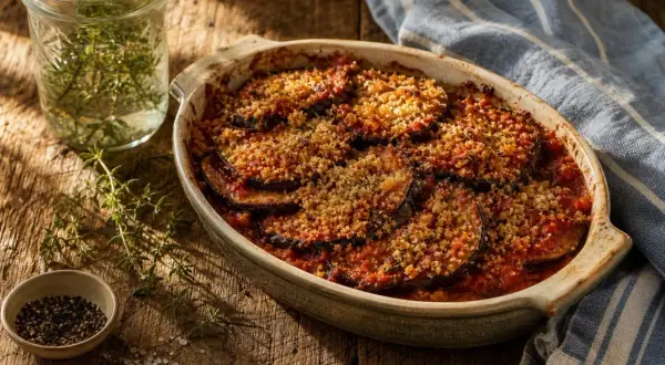Un délicieux gratin d'aubergine, aux tranches dorées et croustillantes, baignant dans une sauce tomate savoureuse. Un plat réconfortant.