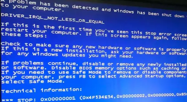 Niebieski ekran śmierci Windows z błędem DRIVER_IRQL_NOT_LESS_OR_EQUAL. Komputer wymaga restartu.