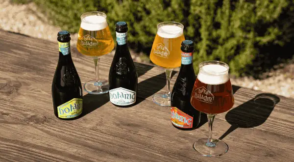Bottiglie e bicchieri di birra analcolica Baladin su un tavolo di legno. La birra fa male, ma questa è analcolica!