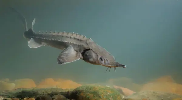 Un esturgeon, poisson emblématique de France, nage dans les eaux claires, son corps couvert d'écussons le protégeant.